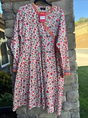 NWT RANG JA Pakistani Dress Womens L Cotton Floral Pink Tassels pearls gold star